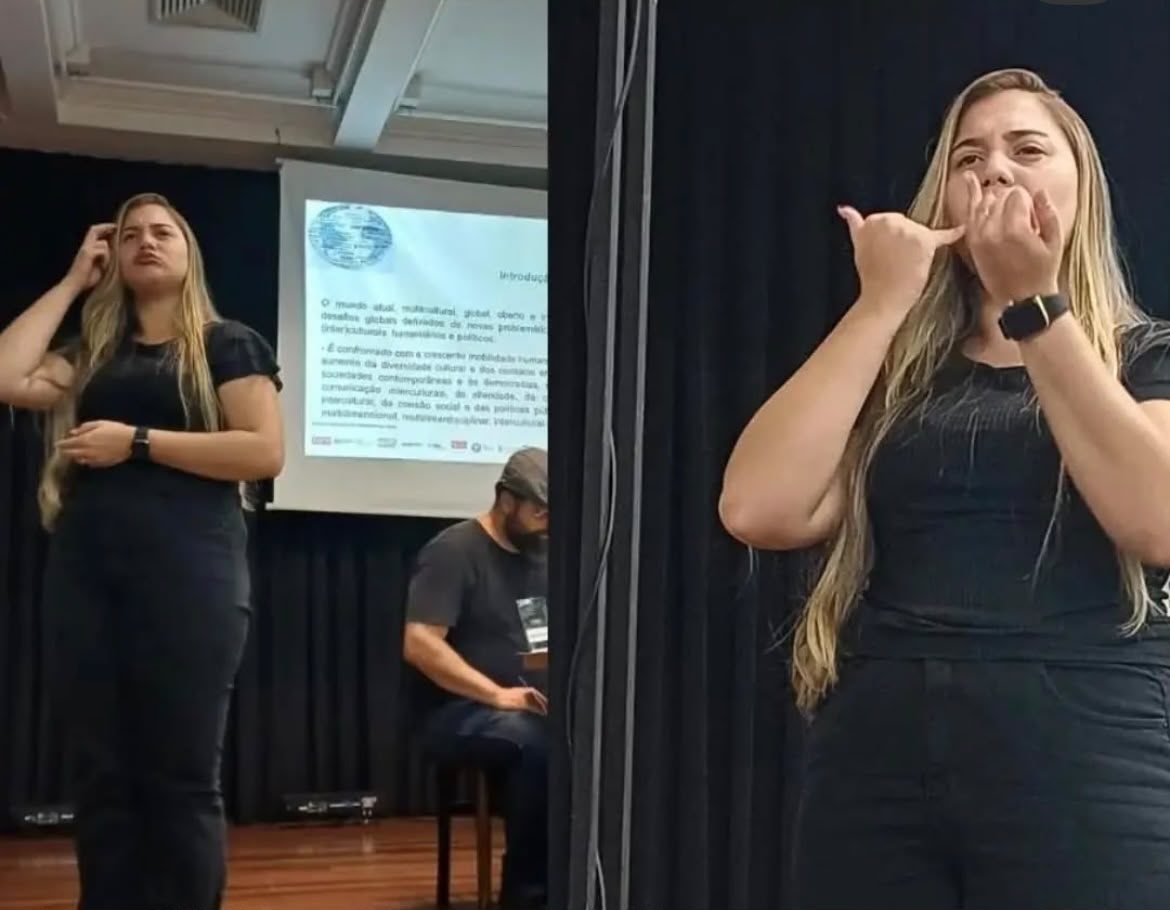Dois momentos de interpretação em Libras durante um congresso: visão do palco e detalhe das mãos sinalizando.